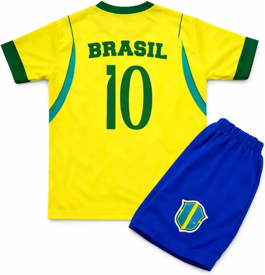 Conjunto Infantil Brasil Amarelo e Azul, Camisa Número 10 e Short, Poliéster, Copa do Mundo, Meninos