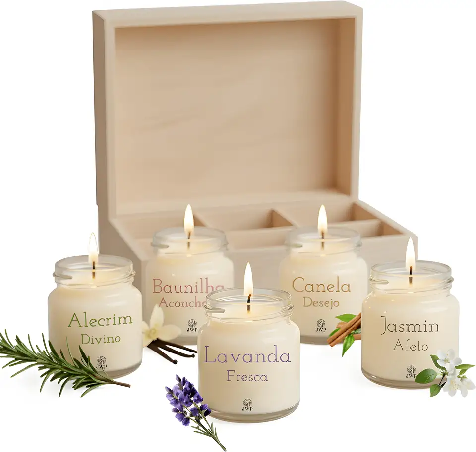 Vela Aromática Perfumada | Kit 5 Velas Aromáticas 50g | Alecrim, Baunilha, Lavanda, Jasmim e Canela | Cera de Coco e Soja