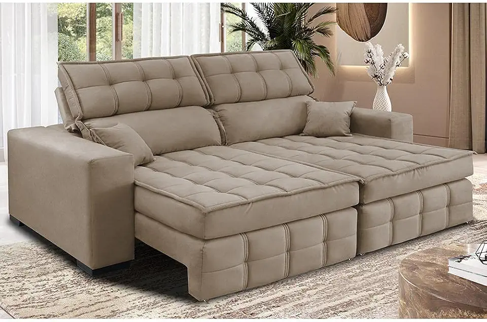 Sofá Retrátil e Reclinável 1,80m Molas Ensacadas e Costura Tripla Cama Inbox Nobre Suede Bege