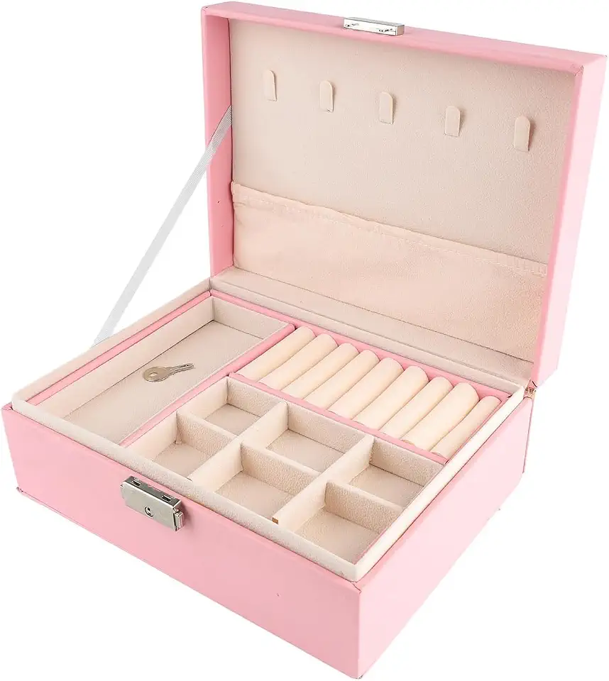 Maleta Porta Joias Elegance Interior em Veludo com Tranca. Estojo Organizadora Grande de Dupla Camada para Joias, Brincos, Anéis, Bijuterias. Porta Jóias para Viagem Porta-Jóias Luxo (Rosa)