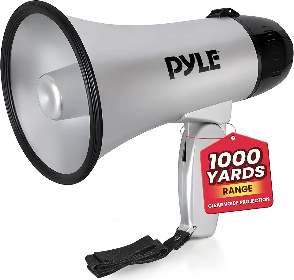 Bullhorn portátil para alto-falante Megafone – Compacto e operado com bateria de 20 watts, microfone, 2 modos, som PA e alça dobrável para líder de torcida e uso policial – Pyle PMP23SL (prata)