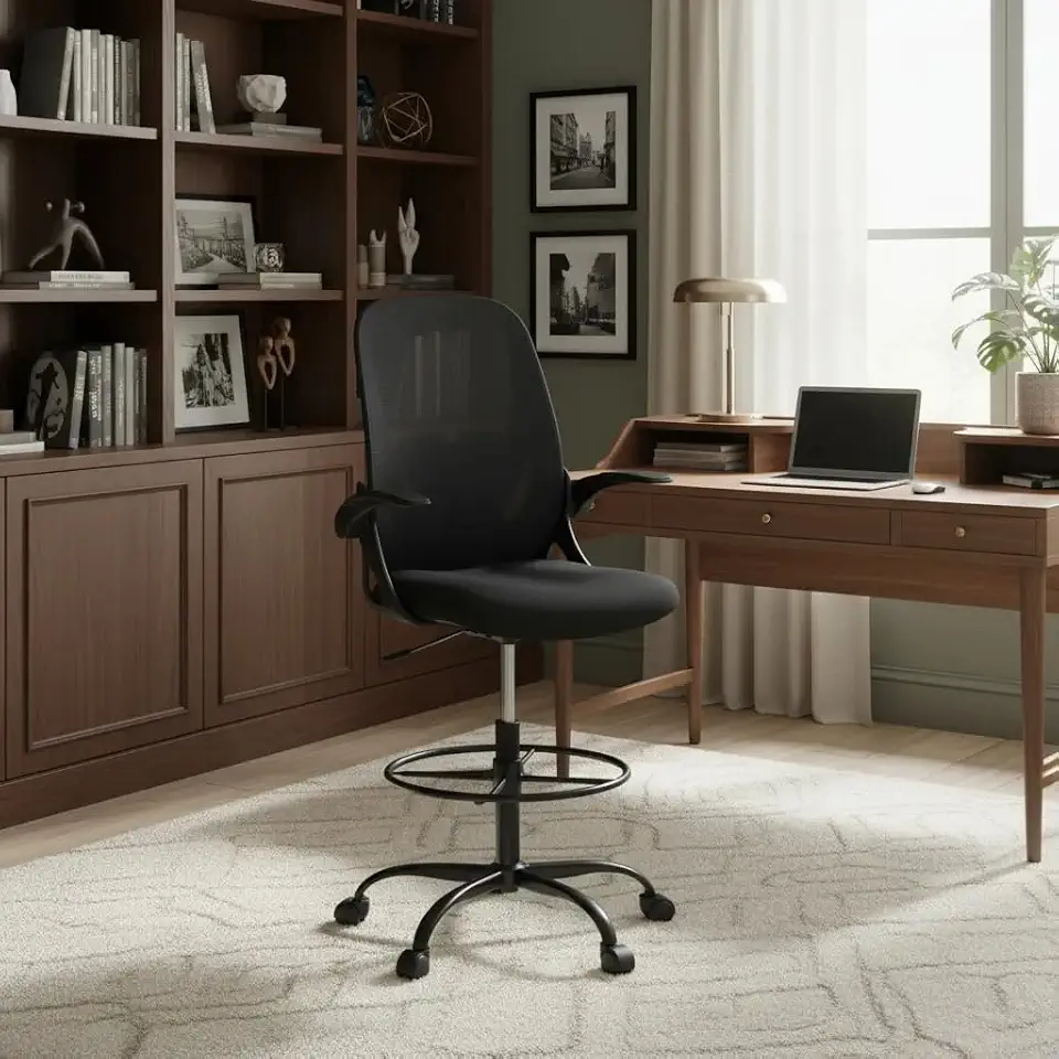 Cadeira Banqueta Alta Ergonômica Executiva Escritório Braços Dobráveis Anel De Apoio Para Pés Ajustável Bq01 Suporte Lombar Cor Preta Luvinco