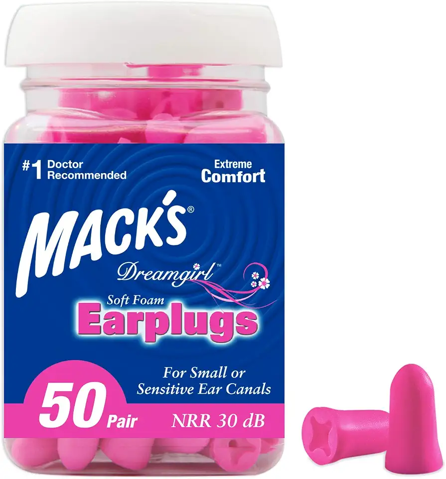 Mack's Tampões de ouvido Dreamgirl de espuma macia, 50 pares, rosa - 30dB NRR, 33dB SNR - tampões de ouvido pequenos para dormir, ronco, estudar, eventos altos, viagens e shows