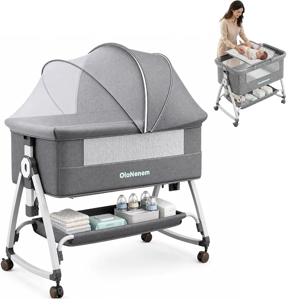 6 em 1 Berço Portátil, Berço Moisés com Fraldário e Mosquiteiro, Berço Acoplado à Cama com Suporte Triangular de Aço Carbono, 6 Alturas e Inclinação Antirrefluxo 5°(Cinza)