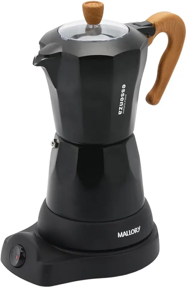 Cafeteira Elétrica Italiana Mallory Essenza 6 Xícaras 280ml – Preparo em 6 minutos- Alça em Bambu Toque Frio e Tampa de Vidro 127V
