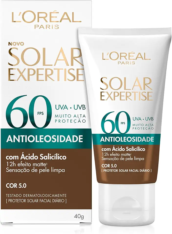 L'Oréal Paris Solar Expertise Protetor Solar Facial Antioleosidade FPS60 Efeito Matte com Ácido Salicílico, Alta Proteção de Amplo Espectro, Cor 5.0 Negra, 40g