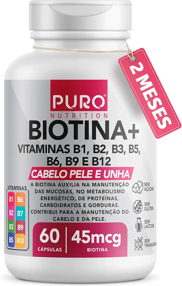 Biotina + Puro Nutrition Pele, Cabelo e Unhas, 45 mcg de Biotina por dose, Vitaminas B1, B2, B3, B5, B6, B9 e B12, 60 Cápsulas