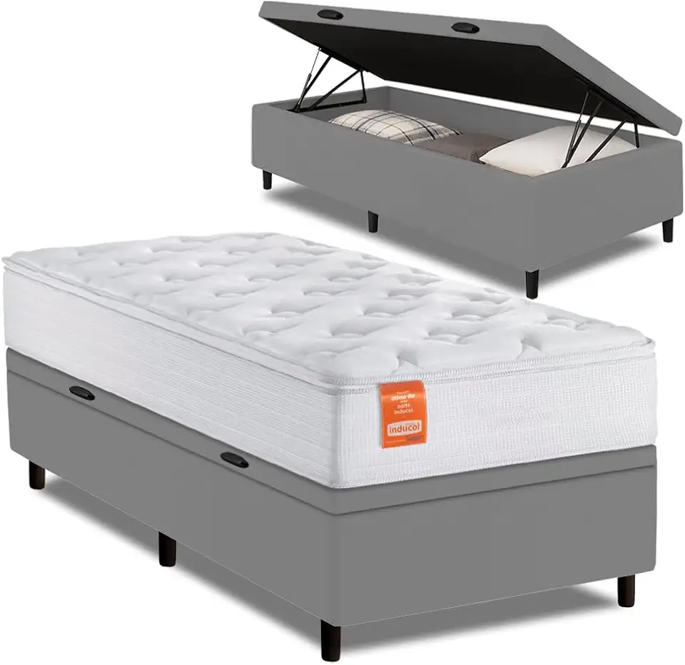 Cama Box Baú Colchão Solteiro Molas Ensacadas Real 88x188x68cm Branco/Cinza Inducol - Suporta até 130kg por Pessoa