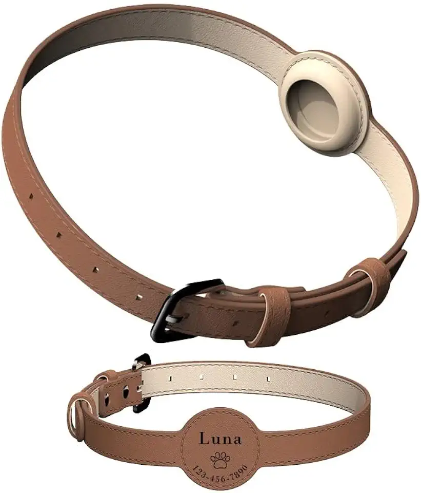 Coleira Para Rastreador Airtag Gps Cachorro Cães Personalizada Com Nome E Telefone Identificação (Marrom, P)