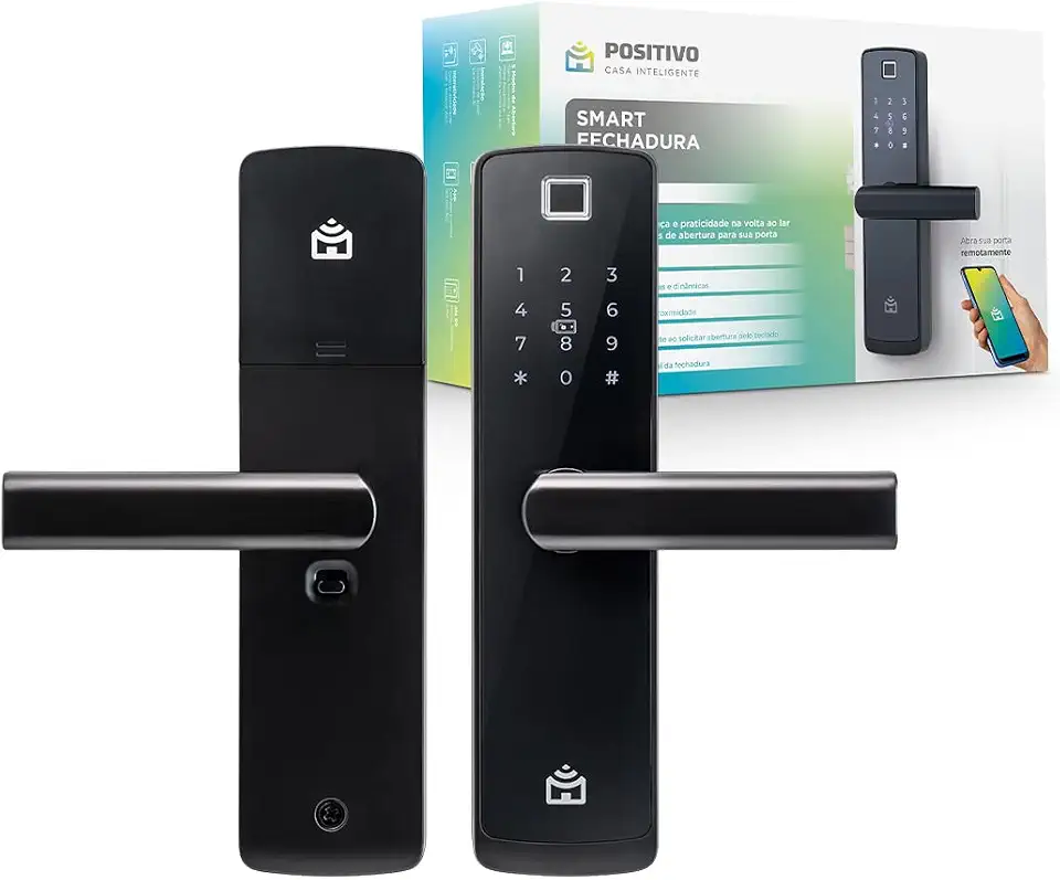 Smart Fechadura Digital Wi-Fi de Embutir Positivo Casa Inteligente, Abertura por Senha, Biometria, Tag, Chave e Aplicativo, Preta com Maçaneta