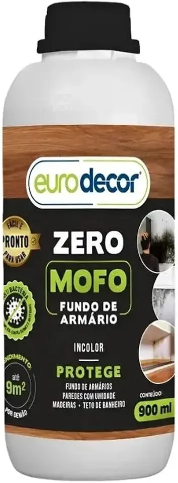 Verniz Contra Mofo e Bolor Eurodecor Zero Mofo 900ml Incolor para Madeira, Fundo de Armário, Teto de Banheiro e Paredes com Umidade. Proteção Antibacteriana, Acabamento Acetinado, Lavável e Resistente