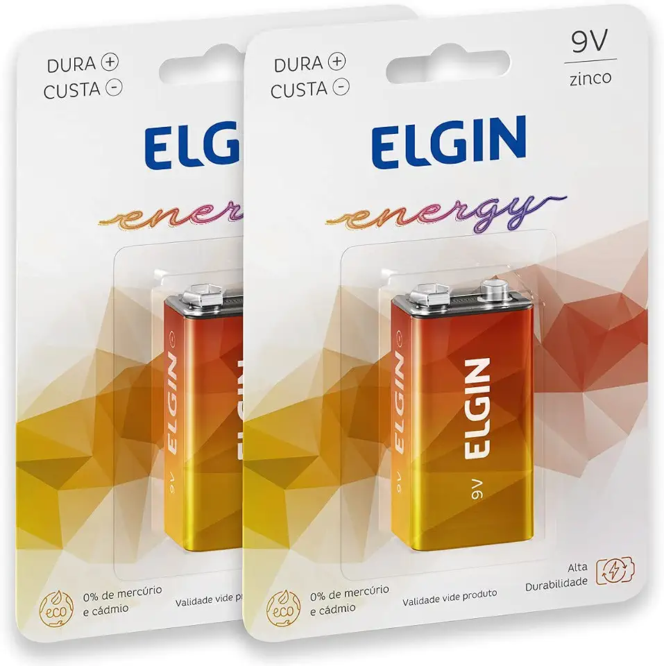 02 Pilhas Bateria 9v Zinco Carvão Elgin 2 Cartelas