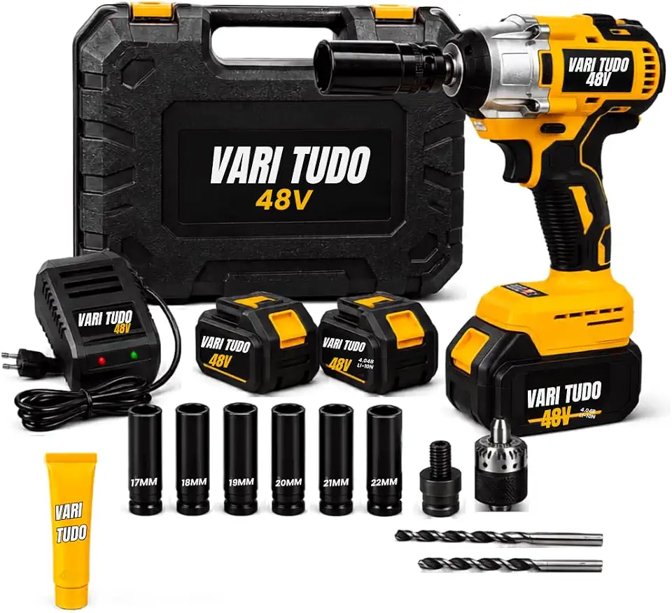 Chave de Impacto Furadeira 48V Brushless Parafusadeira de Alta Potência 2 Baterias 4.0Ah + Carregador Kit com Soquetes Bits Maleta Ferramenta Elétrica Profissional Bivolt