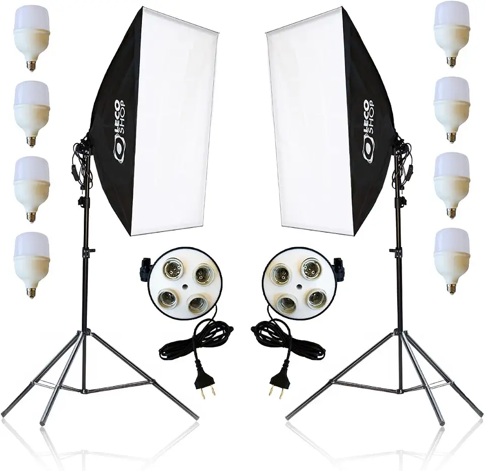 Kit 2 Softbox Fotográfico 50x70cm com 8 Lâmpadas LED 20W e 2 Tripés Ajustáveis 2m – Iluminação Contínua Profissional para Estúdio, Vídeo, Live e Fotografia