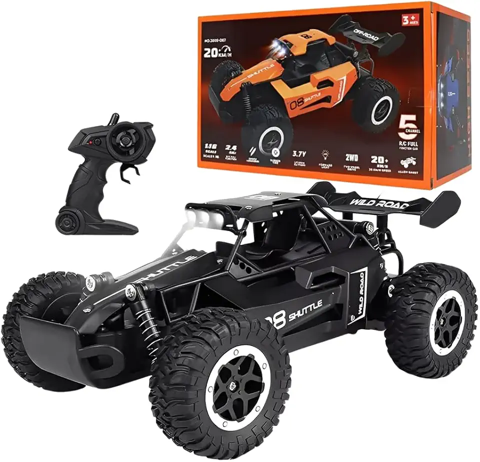 Carrinho Controle Remoto Recarregável De Corrida 20km/h, Metal, Alta Velocidade, 4x4 Off Road, Pneus de Borracha, Amortecimento e Farol de milha (Preto)