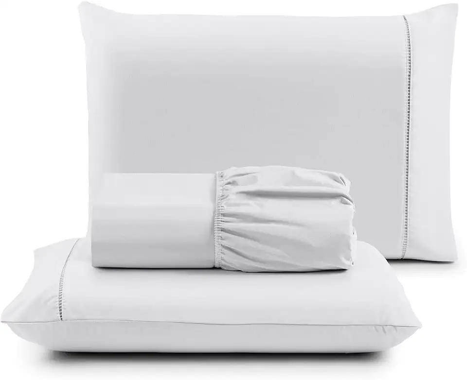Jogo de Cama Casal Percal 400 Fios Ponto Palito 03 Peças, Antiácaro, Anti-pilling com Toque Macio - Branco