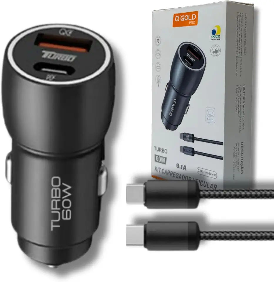 Carregador Veicular Turbo 60W Pro, Kit com Cabo USB-C. Duas portas USB 3.0 + USB-C, Led, Carregamento Rápido 9.1A Fast Charge Carro/Automotivo Compatível com IOS e Android – Premium (Preto)