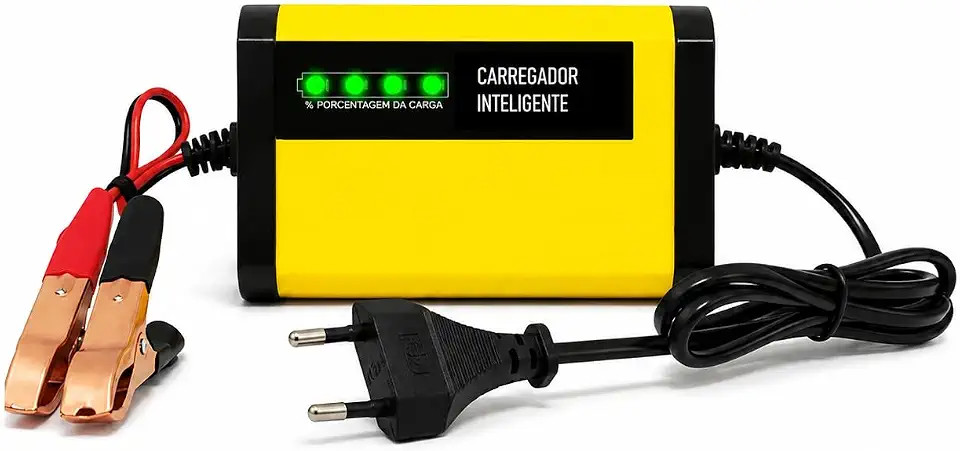 Carregador Automático de Bateria 12V, Bivolt 110V/220V, Proteção Contra Curto e Sobrecarga, para Carros, Motos e Triciclos