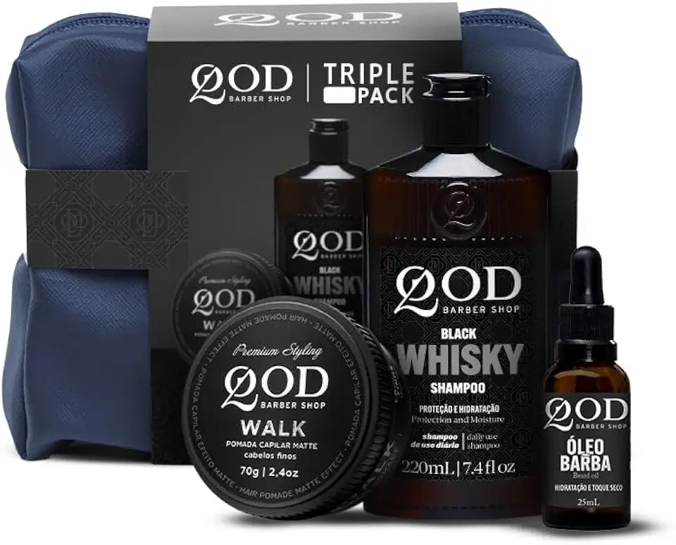 QOD Barber Shop - Kit Triple Pack - Pomada Capilar Walk 70g + Shampoo Whisky 220ml + Óleo Hidratante para Barba 25ml
