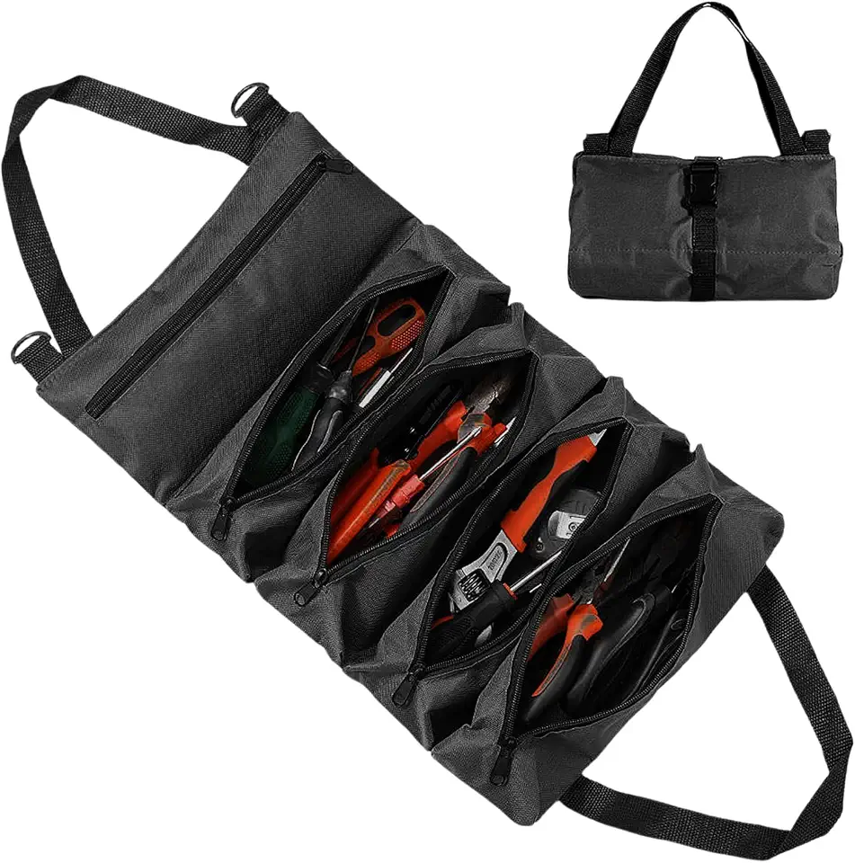 Bolsa de Ferramentas Resistente Dobrável e Portátil com 5 Bolsos em Lona, Case Prático Tipo Maleta/Briefcase, Preto"