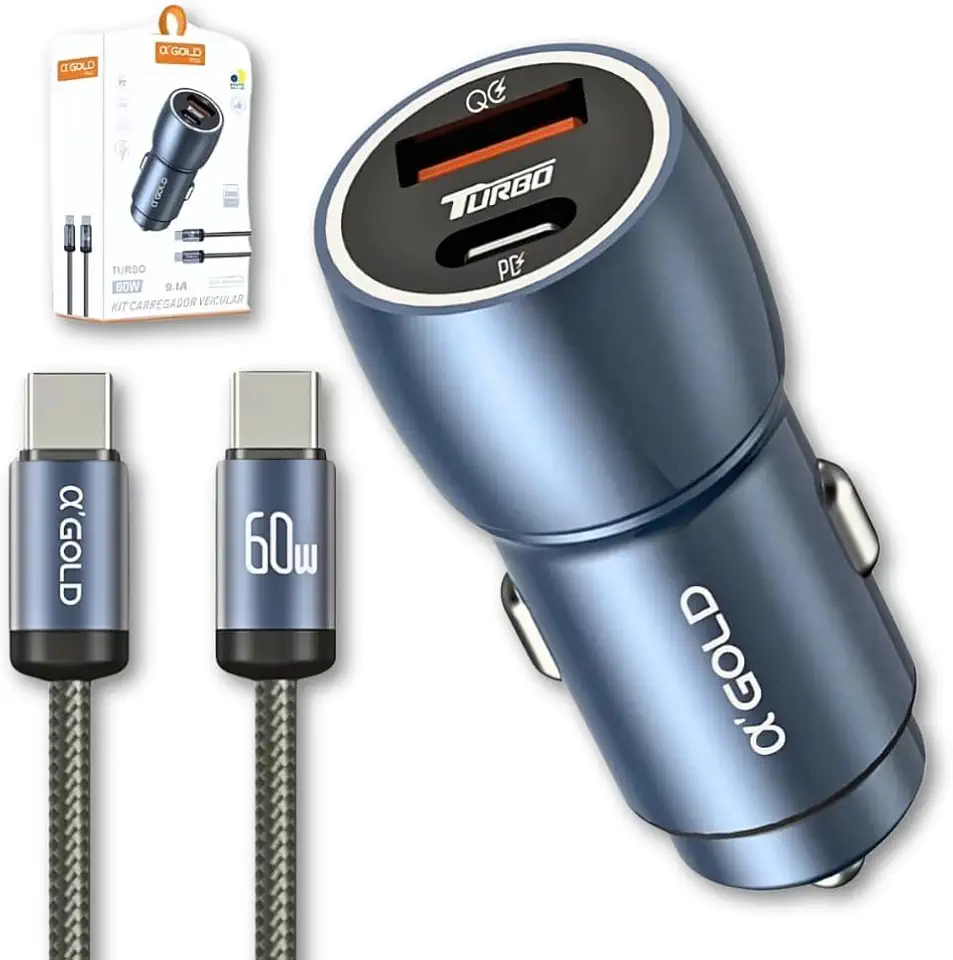 Carregador Super Turbo Veicular 60W Duas Portas, Carregamento Ultra Rápido USB 3.0, 9,1A, Entrada USB e Tipo C, Acompanha Cabo Tipo C, Produto Super Premium Para Veículos