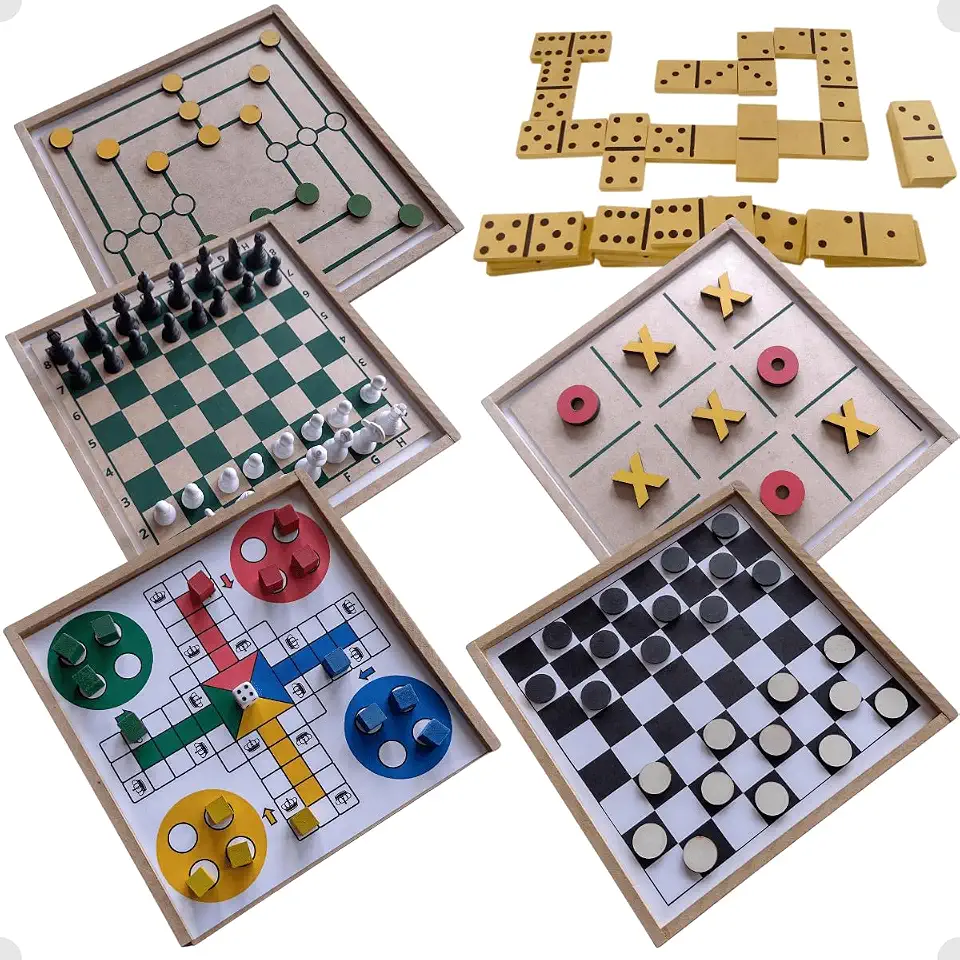 6 em 1 Jogos de Tabuleiro Clássicos Xadrez, Damas, Ludo, Jogo Da Velha, Dominó, Trilha (6 Jogos em 1 caixa)