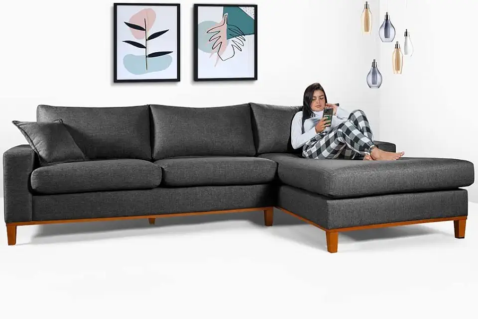 Sofá California 4 Lugares Living Chaise Linho Lado Esquerdo - Essencial Estofados (Grafite)