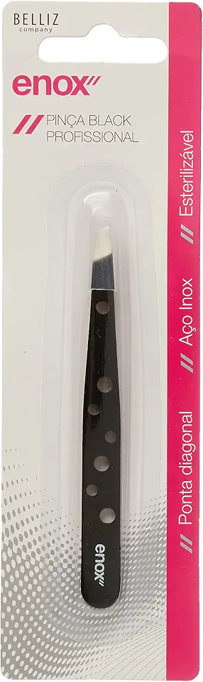 Enox, Pinça para Sobrancelhas, Black, Diagonal Profissional, Aço Inoxidável, 1 unidade