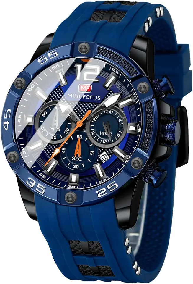 MF MINI FOCUS Relógio masculino, cronógrafo à prova d'água, esportivo, analógico, quartzo, pulseira de silicone azul, relógio de pulso moderno para homens