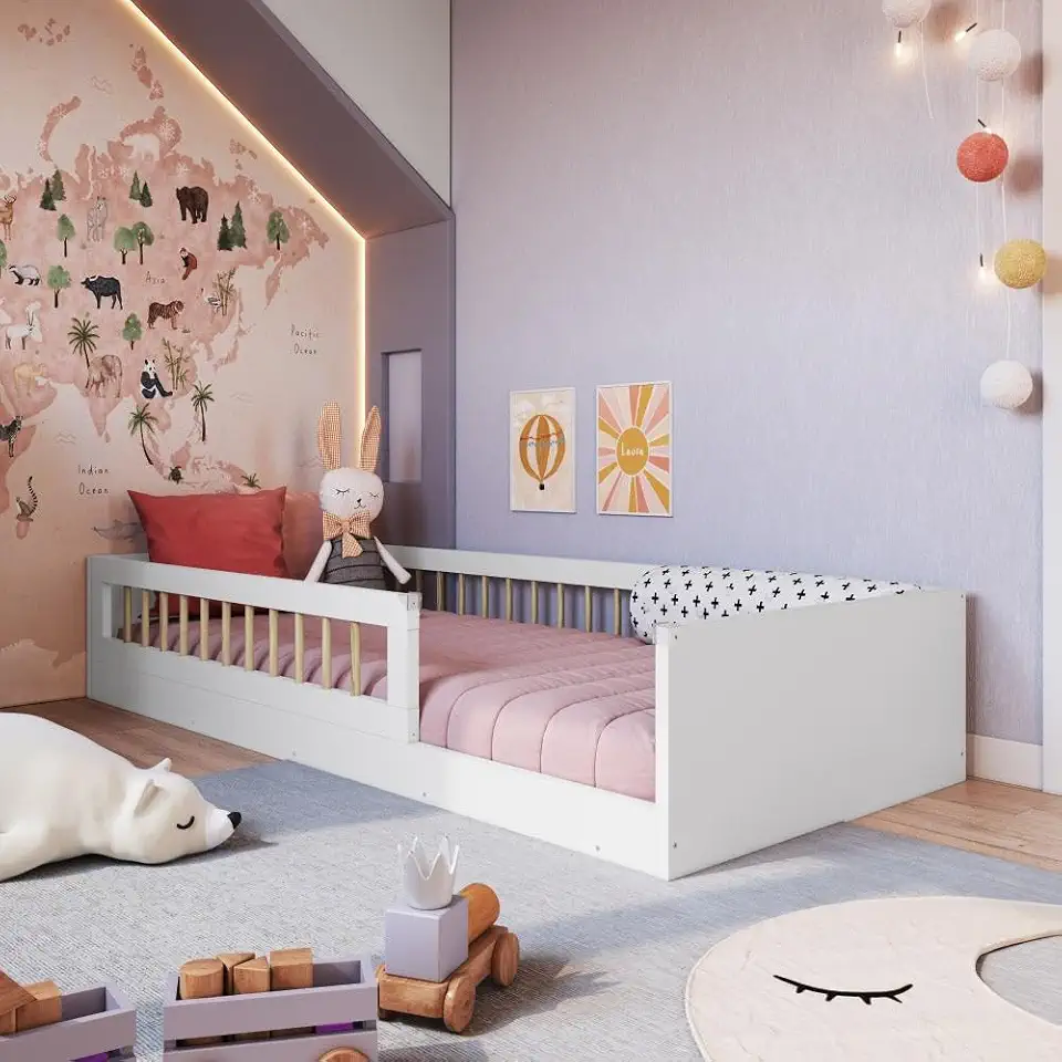 Cama Infantil de Chão Montessoriana de Solteiro para Menino e Menina com Grade de Proteção Lateral