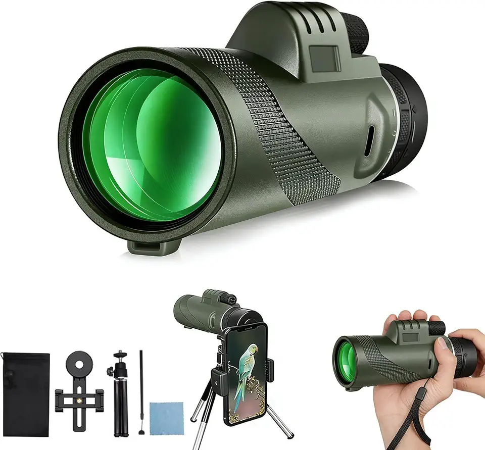 Telescópio Monocular 50x60 HD com Suporte para Celular - Lente FMC, Zoom Potente, Tripé Incluso - Perfeito para Observação de Aves, Caça, Shows e Aventuras ao Ar Livre