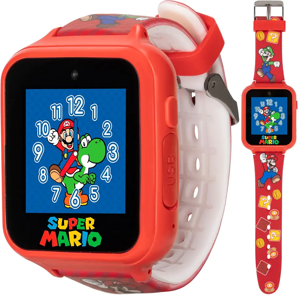 Relógio inteligente interativo infantil Super Mario com câmera, jogos e lanterna, mostradores de relógio personalizados – serve em pulsos de 14 a 20 cm