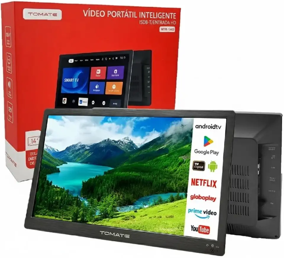 Smart TV Portátil 14 Polegadas Android TV Wi-Fi Com Bateria Recarregável HDMI TV Digital ISDB-T
