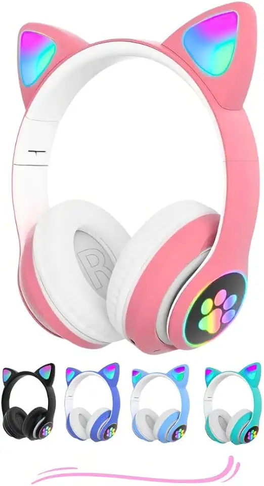 Fone de Ouvido com Orelha de Gatinho Infantil com Luzes RGB nas Orelhinhas e Patinhas Para Crianças Tamanho Ajustável Dobrável Headphone Bluetooth Conectividade Multiuso Premium