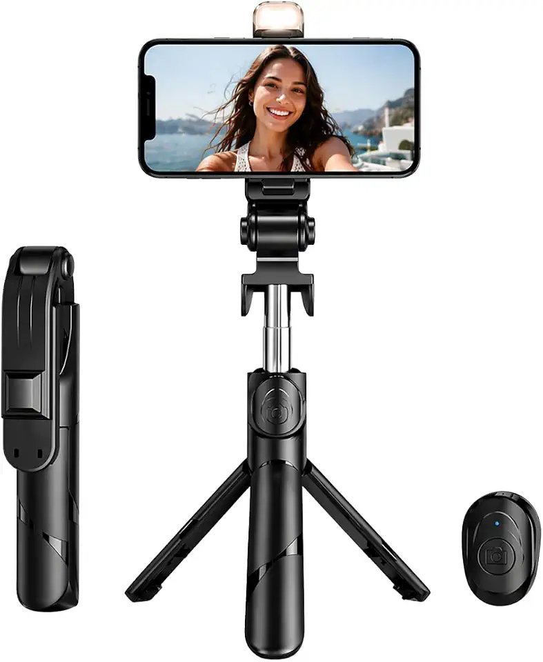 Tripé para Celular com Luz LED + Controle Remoto Bluetooth, Bastão Selfie 3 em 1 Extensível, Rotação 360°, Portátil e Ajustável, Ideal para Fotos, Vídeos, TikTok, Lives e Reuniões
