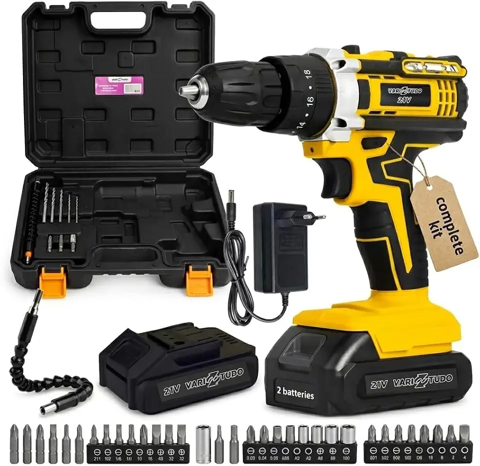 Furadeira e Parafusadeira de Impacto Sem Fio 21V com LED, 3 Funções, Torque Ajustável, 32 Acessórios e Maleta