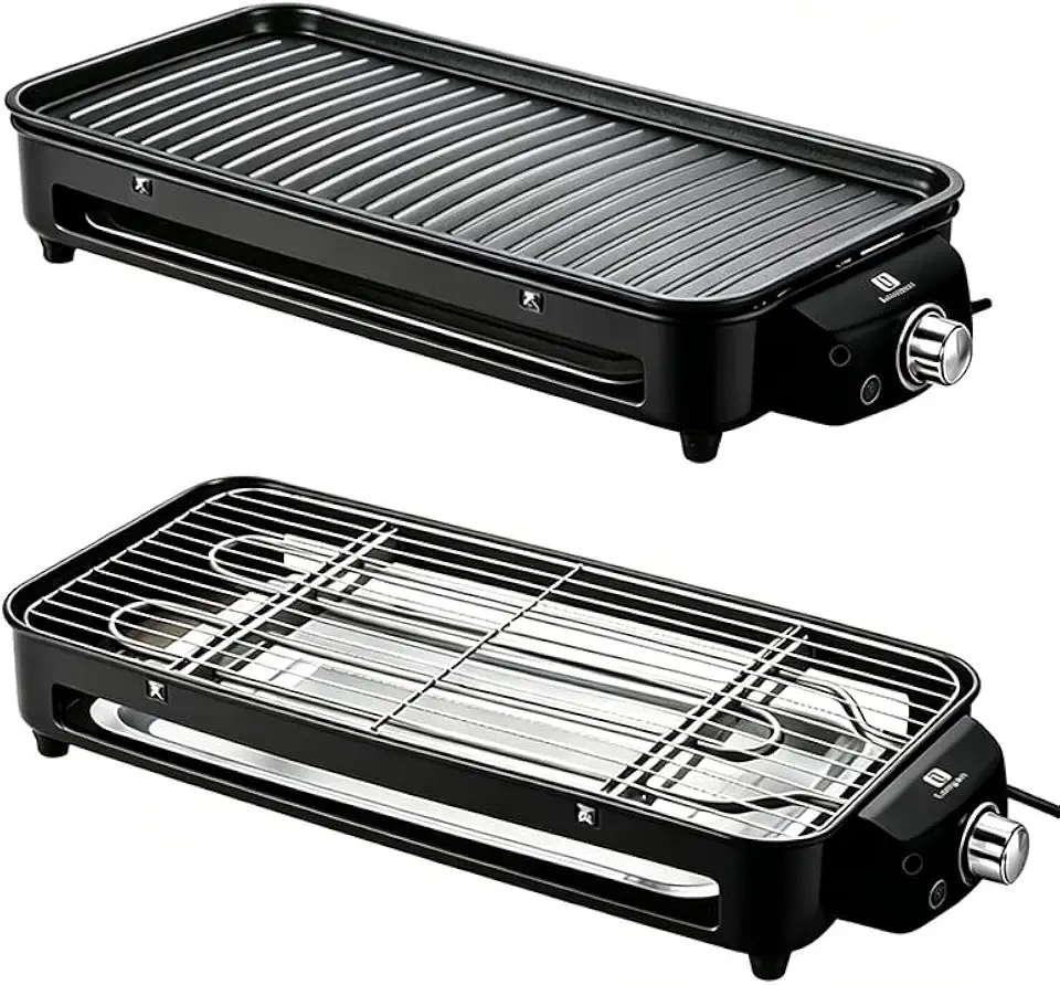 Versátil Churrasqueira Elétrica Portátil LONYAN 220V Ferro Inox 1500W Alta Potência Desmontável Fácil Limpeza Pouca Fumaça Controle de Temperatura Ótimo Para Casa e Acampamento (Preto, 220V)