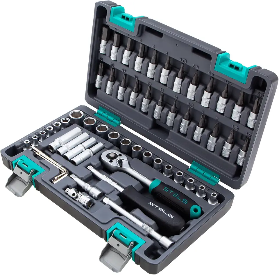Stels Jogo de Ferramentas 57 Peças 1/4" - Aço Cromo Vanádio - Catraca 72 Dentes + Acessórios - Caixa Plástica Resistente - Ideal para Mecânica e Reparos Domésticos