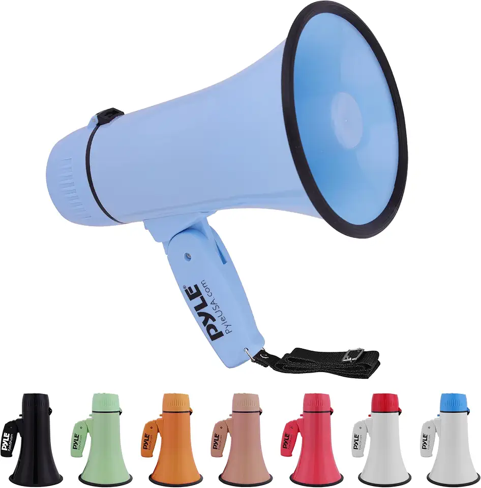Megafone Pyle Portátil 20W com Sirene e Gravação de Voz, Entrada Auxiliar P2 para Música, Amplificador de Som com Alça Dobrável, Alcance 400m