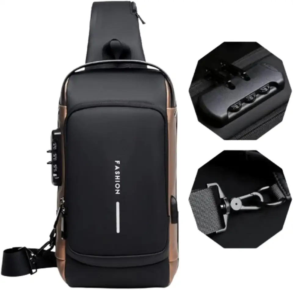Bolsa Masculina Pochete de Couro Antifurto, Impermeável, com USB, Transversal, Couro, Anti-Roubo, Esportiva, Academia (Preto com Dourado)
