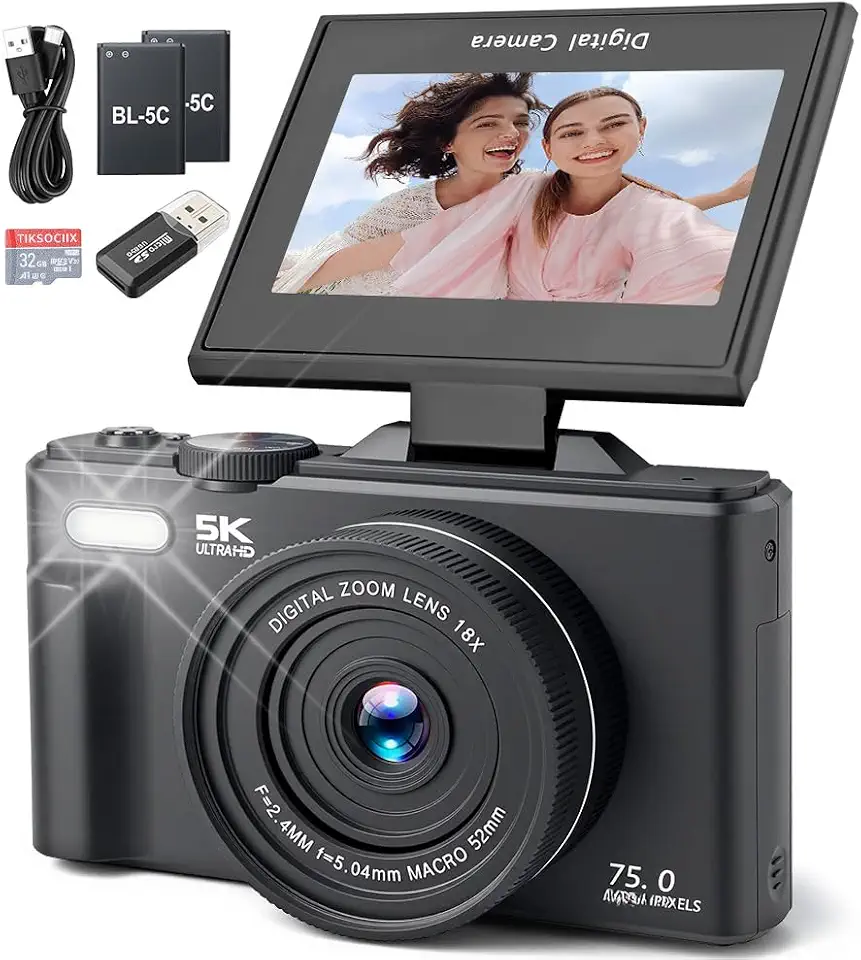 Camera Digitâl 5K, Sensor CMOS 16MP, Zoom Digital 18X, Vídeo de 5K, Câmera Fotografica Profissional, CTela Giratória de 180 Graus