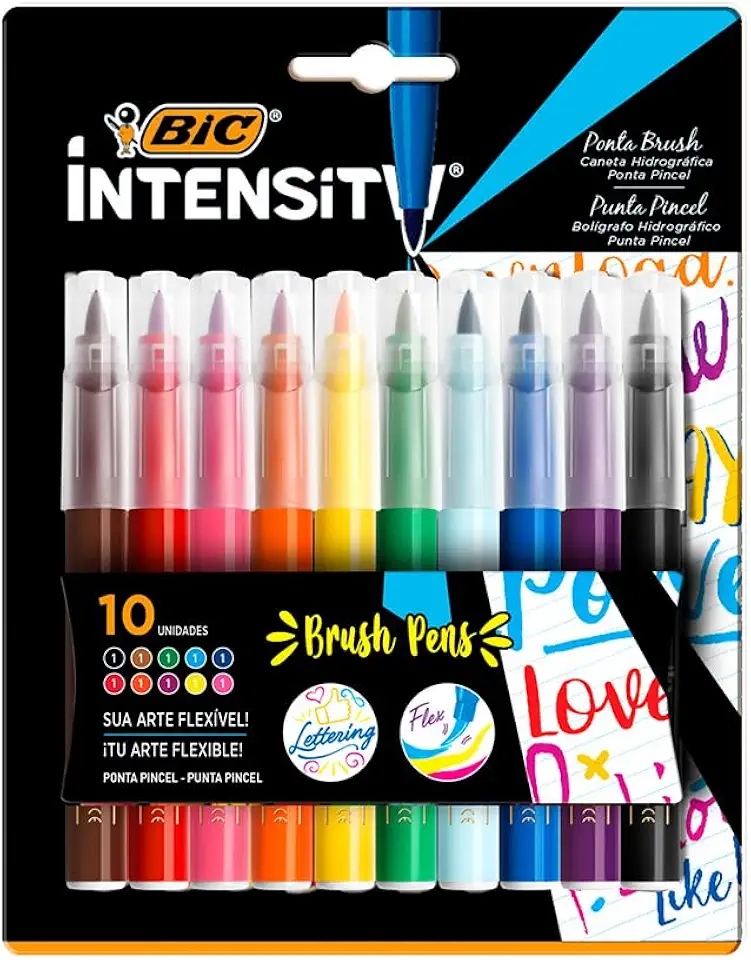 Caneta Hidrográfica BIC Intensity Brush Pens, Ponta Pincel, Traço Fino ou Grosso, pacote com 10 unidades