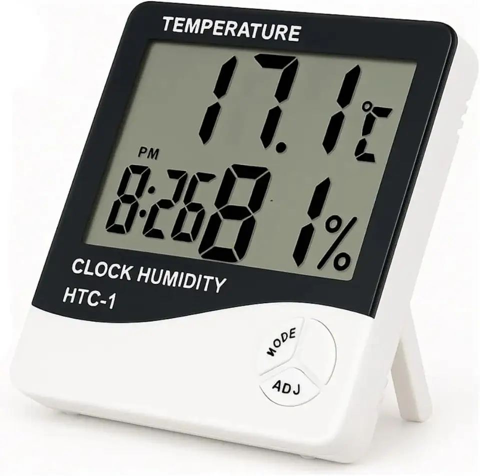 Termômetro Higrômetro Digital HTC-1 — Medidor de Temperatura e Umidade com Relógio, Alarme e Memória Máx/Mín | Display LCD Grande para Casa, Escritório, Quarto de Bebê e Estufa