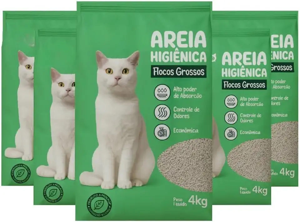 Areia Higiênica para Gatos Flocos Grossos Kit 20kg (5x4kg) Alto Poder de Absorção Controle de Odores Torrões Firmes Baixa Poeira Econômica Areia Sanitária para Caixa de Gato Ambiente Limpo e Seco