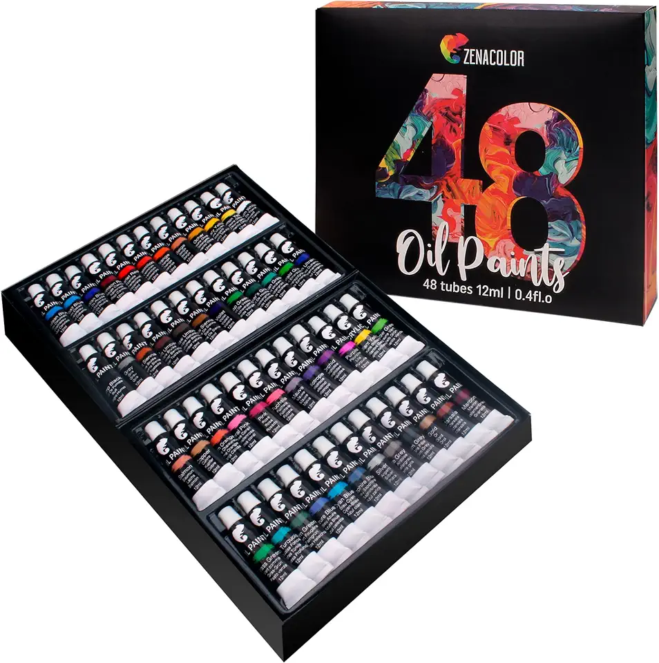 Zenacolor Conjunto de tinta a óleo 48 x 12 mL (11,3 g) pacote com 48 tubos de tintas a óleo para pintura em tela