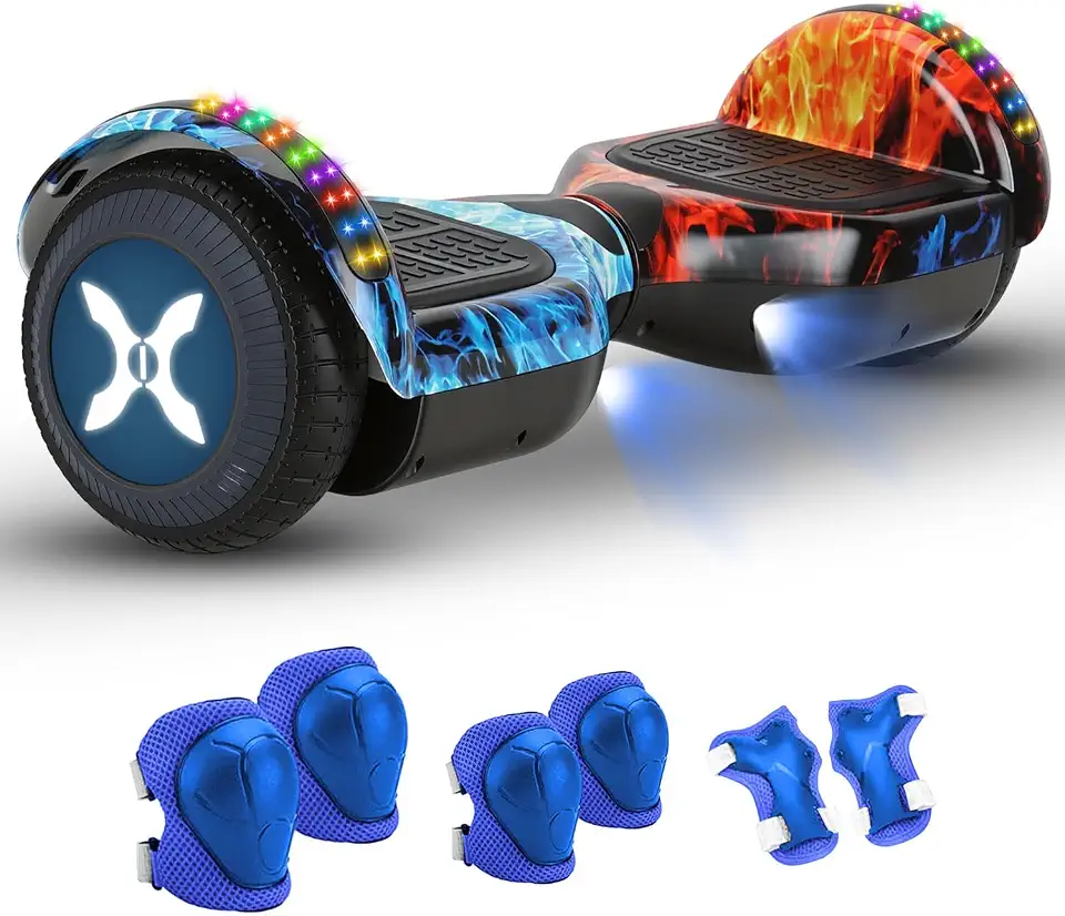 Hoverboard Adulto e Infantil com 350W, Overboard Todo Terreno com Rodas Largas 6.5", Overboard com Bluetooth e Luzes LED, Hoverboard Adulto até 100kg, Autonomia de 10-15km (Vermelho e Azul)