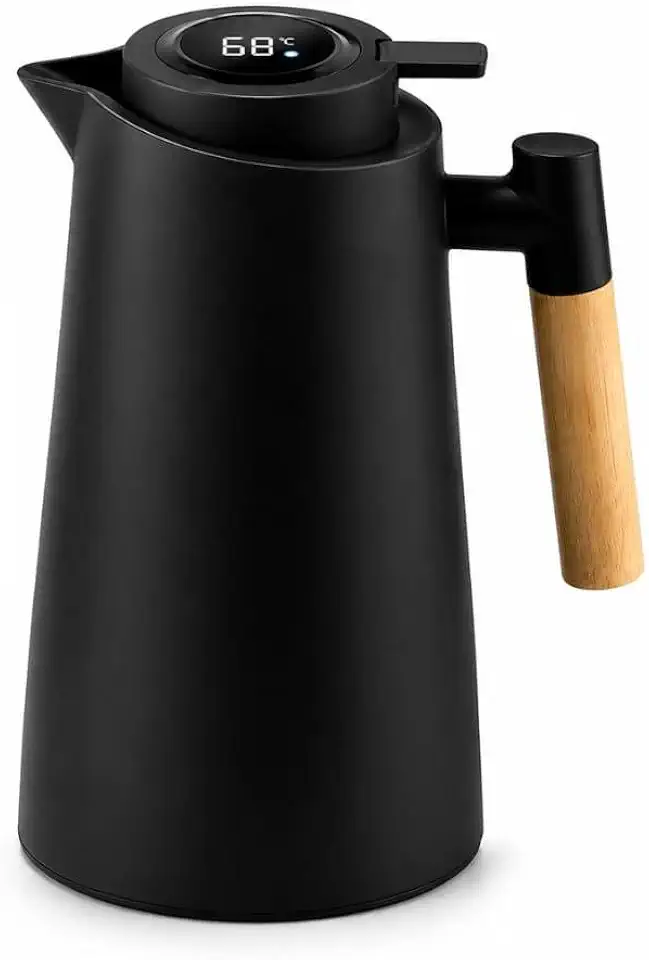 Garrafa Térmica 1L com Termômetro Digital LED | Design Premium com Cabo de Madeira | Ideal para Café, Chá e Mesa Posta Elegante (Preto)