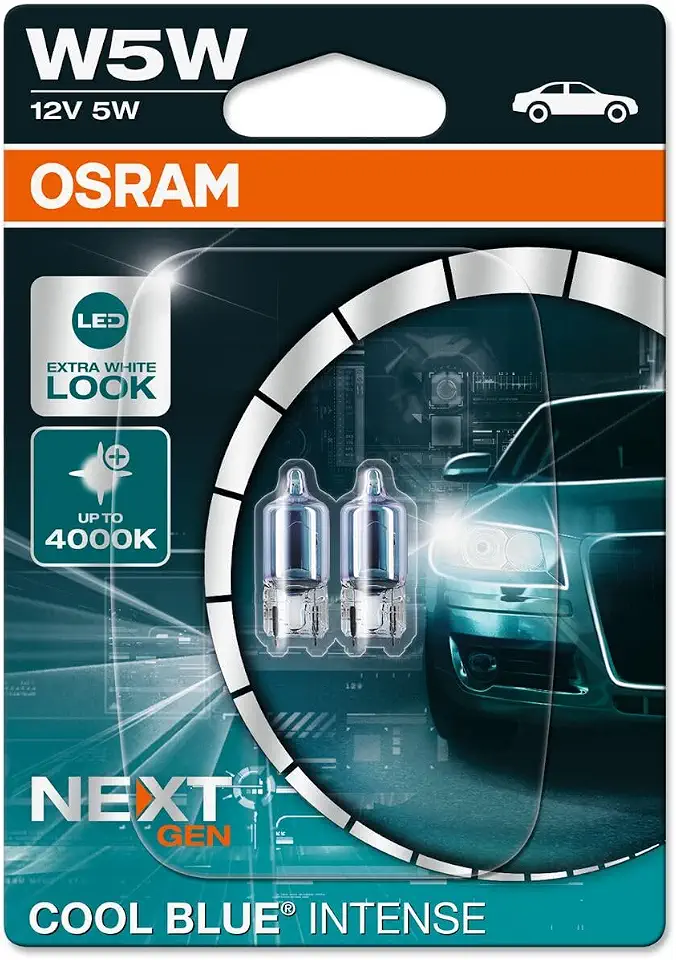 OSRAM COOL BLUE INTENSE W5W, até 4.000K, lâmpada de sinalização halógena, blister 2 (2 lâmpadas), 2825CBN-02B