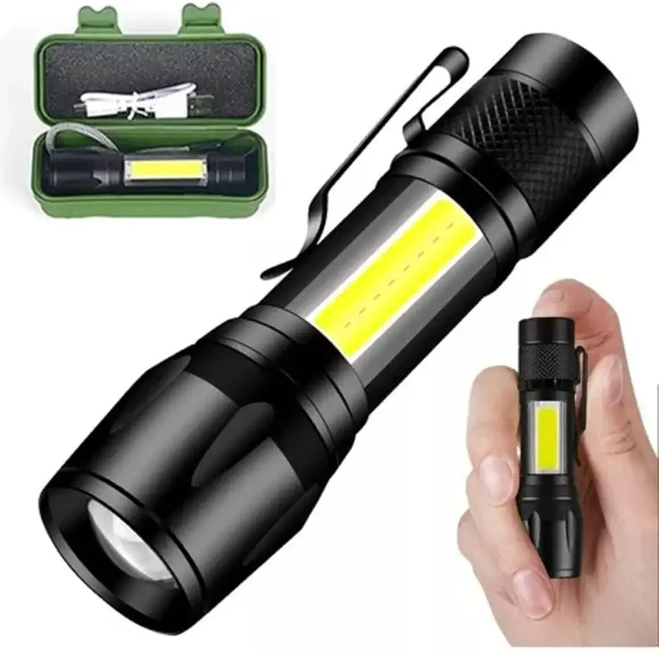 Lanterna LED Recarregável USB Super Forte com Zoom Ajustável, Luz Lateral COB, 3 Modos de Iluminação, Compacta em Alumínio, Ideal para Camping, Emergência, Trabalho e Uso Diário