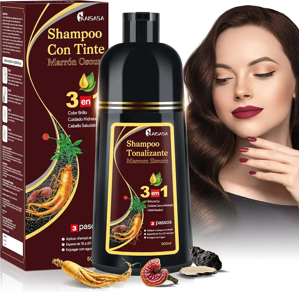 KAISASA Shampoo Tonalizante 3 em 1 Marrom Escuro, para disfarçar cabelos brancos –Shampoo de Tintura de Cabelo 500ml